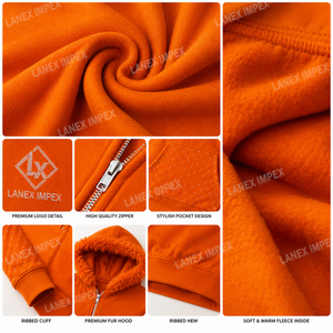 เสื้อแจ็คเก็ตฮู้ดดี้ผู้ชายสีส้มประดับเพชรเทียม พร้อมฮู้ดขนเฟอร์เทียม แขนเสื้อและกระเป๋าประดับหมุด ซิปยาวเต็มตัว สไตล์แฟชั่นสตรีทแวร์ - Product Image 5