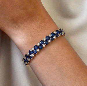 Oval Cut Lab Grown Blue Sapphire Stone <b>Gold</b> Plated Sterling Silver Luxury Charm Bracelet Elegant Gemstone Jewelry Gift for Women - Product Image 6