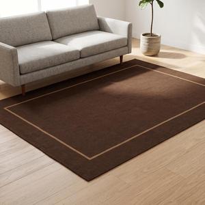 Alfombra Kilim Moderna Tejida a Mano de Lana, Antideslizante, Pelo Medio, Marrón Oscuro con Borde Color Bronceado Cálido, Base de Lona de Algodón, Elegante para el Hogar - Product Image 3