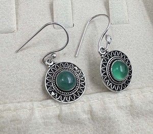 Natural Green Onyx Round Dangle <b>Earrings</b> Silver Plated Brass Handmade Gemstone <b>Hook</b> <b>Earrings</b> Vintage Boho Fashion Jewelry - Product Image 4
