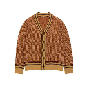 Men's Knitted V-Neck Cardigan Sweater Full Sleeve Button Closure Autumn Style Geometric Pattern <b>Brown</b> Beige Striped - Product Image 1