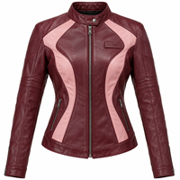 Blouson en cuir pour femme, bordeaux et rose contrastant, avec panneaux latéraux, col montant, fermeture éclair, coupe ajustée, style motard