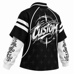 Men's Oversized Streetwear <b>Polo</b> Shirt <b>Black</b> White Letter Print Long Sleeve Layered Jersey <b>Top</b> - Product Image 3