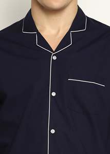 Navy 100% Cotton Breathable Knitted Lightweight Long Sleeve Men's Night <b>Suit</b> with White Navy Home Wear - Product Image 3