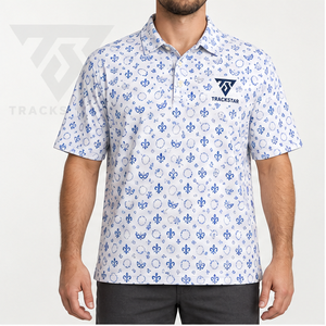 Camisa Polo Trackstar para Hombre, Blanca y Azul con Estampado de Flor de Lis, Manga Corta, Cuello con Botones, Camisa de Golf con Logotipo Personalizado - Product Image 1