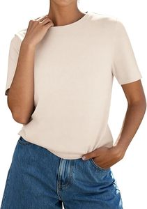 Women's <b>White</b> V-Neck Short Sleeve <b>Crop</b> <b>Top</b> Regular Fit Knitted Cotton Casual Solid Color Breathable Eco-Friendly Quick Canvas - Product Image 5