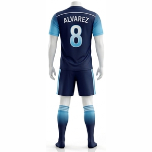 Ensemble de maillots de football unisexe bleu foncé avec accents bleu clair, manches courtes, col en V, évacuation de l'humidité, séchage rapide, imprimé par sublimation, élastique - Product Image 5