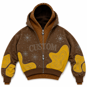 Sweat à capuche zippé double couche en strass pour homme, avec intérieur tricoté patchwork personnalisé, coupe oversize, style streetwear Y2K, mode hiver - Product Image 3