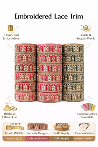 Tissu brodé en brocart avec bordure en dentelle, perles et paillettes, 100% coton léger, pour vêtements de mariée, couture et décoration - Product Image 6