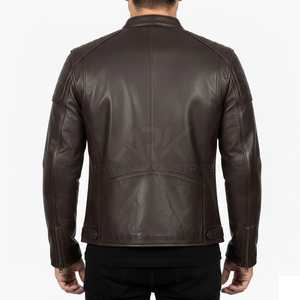 Veste moto en cuir véritable pour homme, col montant, fermeture éclair, coupe classique, style automne, marron foncé, couleur unie - Product Image 3