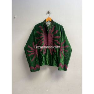 Green Velvet Embroidered <b>Mandarin</b> <b>Collar</b> <b>Jacket</b> Full Sleeve Handmade Women's Autumn Wear - Product Image 1