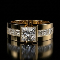 Bague de fiançailles solitaire 2 carats taille princesse avec bande large en forme de cigare, sertie de diamants taille princesse cultivés en laboratoire, en or jaune 10K