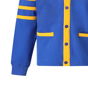 Cárdigan Casual de Invierno Oakwood Azul, Estilo Universitario, de Felpa, Cuello en V, Botones al Frente, Tejido con Detalles de Rayas Doradas y Blancas, Logotipo de Chenille - Product Image 4