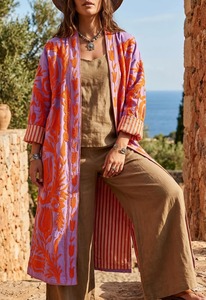 Bata de mujer con cuello en V, 100% algodón, 480g, reversible, bordada con motivos florales azules, hecha a mano, tipo kimono largo, con cinturón, para estar en casa o descansar. - Product Image 3