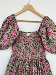 Women Green Pink Floral Print Maxi <b>Dress</b> Smocked Bodice Short Sleeve <b>Boho</b> <b>Summer</b> <b>Dress</b> 100% Cotton Ladies Casual Wear - Product Image 2