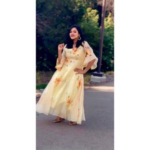 Vestido Largo de Mujer con Mangas con Volantes y Estampado Digital en Georgette, Color Limón - Product Image 6