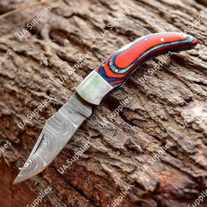 Cuchillo de bolsillo plegable de acero de Damasco hecho a mano DIY con punta de gota, personalizable OEM, con bloqueo interno y funda de cuero, para caza, venta al por mayor - Product Image 2