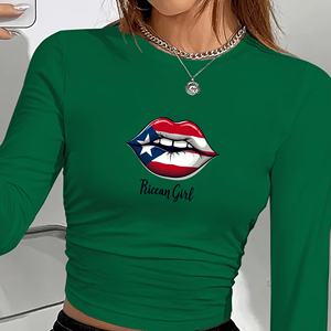เสื้อแฟชั่นผู้หญิงลายธงชาติเปอร์โตริโก ลายริมฝีปาก แขนยาว พิมพ์ลาย Y2K คอกลม ผ้าถักสแปนเด็กซ์/โพลีเอสเตอร์ - Product Image 1