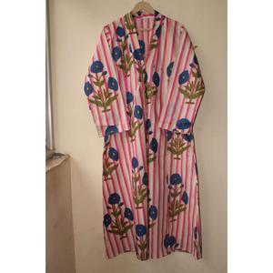 Vestido Maxi de Algodón con Estampado Artesanal Boho para Mujer, Rayas Rosas y Flores Azules, Corte Holgado, Cuello en V, Vestido Largo - Product Image 4