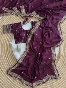 Sari de seda Aarco Georgette con bordado de diseñador, trabajo de lentejuelas y borde de hilo multicolor, con blusa completamente cosida. - Product Image 1