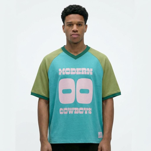 Modern Cowboys Oversized Raglan Sleeve T-Shirt <b>Men</b> Streetwear V-Neck Cotton Jersey Fit Contrast Trim Print - Product Image 3