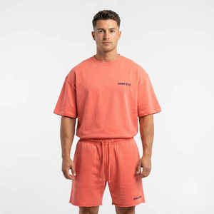 Summer Breathable High Street Style Knitted T Shirts Shorts <b>Set</b> Casual Blank Polyester Cotton Men Custom Logo 2-Piece <b>Twin</b> <b>Sets</b> - Product Image 4