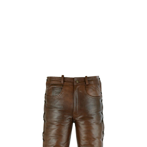 Pantalon d'hiver léger décontracté en cuir marron pour homme, avec lacets, tissu peigné 2027, multi-poches et braguette zippée - Product Image 5