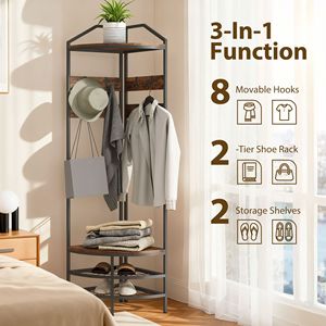 Perchero Industrial de 4 Niveles con 8 Ganchos Móviles y 2 Estantes, Perchero Esquinero Rústico Marrón con Almacenamiento para Zapatos para el Pasillo - Product Image 4