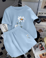 Women 2 Piece Set Light Blue Floral Embroidery Short Sleeve Top Knee Shorts Casual Regular Fit Breathable Polyester/Cotton