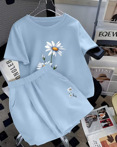 Women 2 Piece Set Light Blue Floral Embroidery Short Sleeve Top With Shorts Casual Loose Fit Spring Summer Wear - Product Image 1