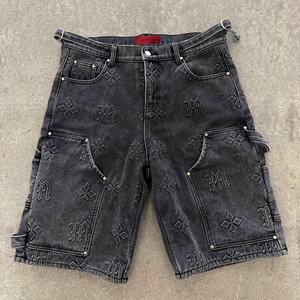 Shorts cargo en denim foncé pour homme, taille mi-haute, motif M en relief, style streetwear, tissu tricoté polyester/coton pour l'hiver - Product Image 3