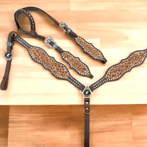 Meilleures ventes : Têtière et harnais en cuir tressé à la main |   Ensemble de harnais décoratif pour chevaux de style western |   Cuir véritable - Product Image 1