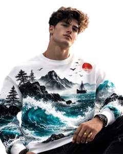 Sudadera Personalizada con Estampado de Olas del Océano en Color Blanco y Verde Azulado, Sudadera Informal con Cuello Redondo para Hombre, Sublimación Personalizada, Ropa Urbana, Top de Otoño e Invierno - Product Image 5