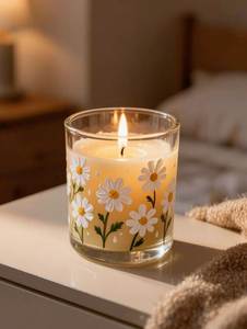 Frasco de vidrio redondo para velas con calcomanía de margaritas, resistente al calor, reutilizable para decoración del hogar - Product Image 1