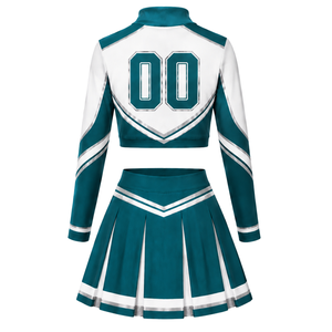 Teal White Sublimated Cheer <b>Long</b> Sleeve Uniform Set <b>Pleated</b> <b>Skirt</b> Athletic Team Sportswear Training Practice Performance Custom - Product Image 3
