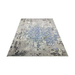 Tapis d'appoint en pure laine noué à la main, luxueux, bleu gris vieilli, abstrait, pour salon moderne - Product Image 3