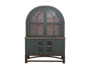 Librero de Madera de Teca Verde de Lujo, Mueble con Arco y Doble Puerta de Vidrio, Aparador de Almacenamiento - Product Image 1