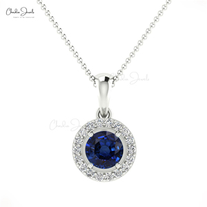 Nouvel Arrivage – Pendentif Authentique en Saphir Bleu Taille Brillant 4mm, Or Massif 14K avec Diamants, Fournisseur en Gros - Product Image 3