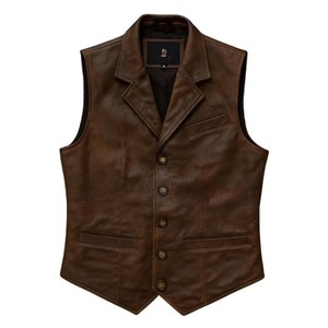 Premium Quality Men's Brown Coated <b>Leather</b> Vest Vintage Western Cowboy <b>Blazer</b> Sheepskin Biker Waistcoat Stand Collar Breathable - Product Image 1
