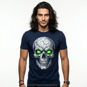 T-shirt pour homme bleu marine, imprimé graphique personnalisé, motif crâne, design géométrique, tee-shirt en coton de haute qualité, streetwear, coupe ajustée, hauts pour homme - Product Image 1