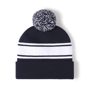 Unisex Striped Beanie <b>Hat</b> With Pom-Pom Knitted Winter <b>Cap</b> Casual Style 100 Acrylic Cuffed Design For Adults 56-58CM Head - Product Image 4