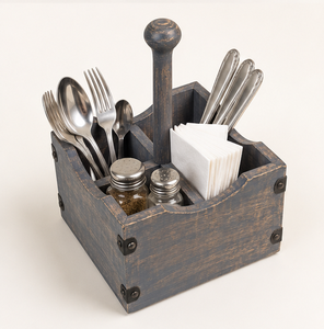 Rustic Grey Washed Mango Wood Cutlery Holder 4-Compartment Portable Silverware Caddy & Utensil Organizer With Detachable Handle - Product Image 4
