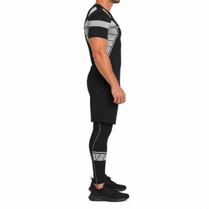 Men's Black Geometric Print <b>Sport</b> <b>Set</b> Quick Dry Breathable Crew Neck Short Sleeve Spandex Polyester Shorts & Top - Product Image 3