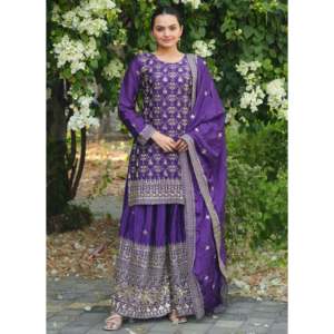Ensemble de costume Sharara pour femmes Feni Fashion, couleur violette, avec broderie à paillettes, taille S - Product Image 1