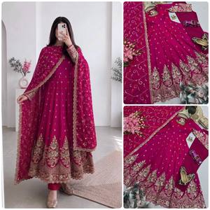 Anarkali Modest Wedding Dress with Embroidery and Sequence Work Includes Gown <b>Pant</b> Dupatta - Product Image 5