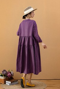 Robe longue décontractée pour femme en coton et lin, style bohème, coupe ample, manches longues, violette, à volants - Product Image 2