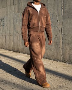 Conjunto de Sudadera con Capucha y Pantalones Jogger de Algodón Pesado para Hombre, Estilo Oversize, con Lavado Ácido y Cremallera, Venta al por Mayor Personalizada - Product Image 1