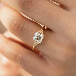 Women's 14K solid Gold Asscher Cut <b>Diamond</b> <b>Ring</b> With Baguette Side Stones Classic Engagement Style IGI Certified - Product Image 4