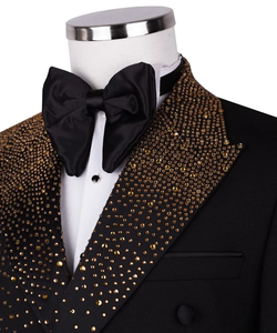 Men’s Black & Gold <b>Rhinestone</b> Embellished Tuxedo Blazer – Designer Shawl Lapel Wedding Party Suit <b>Jacket</b> - Product Image 3