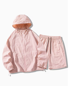 Ensemble 2 pièces pour femmes, à capuche, manches longues, couleur unie, polyester respirant, tricoté, coupe ample, longueur genou, tenue décontractée d'été - Product Image 2